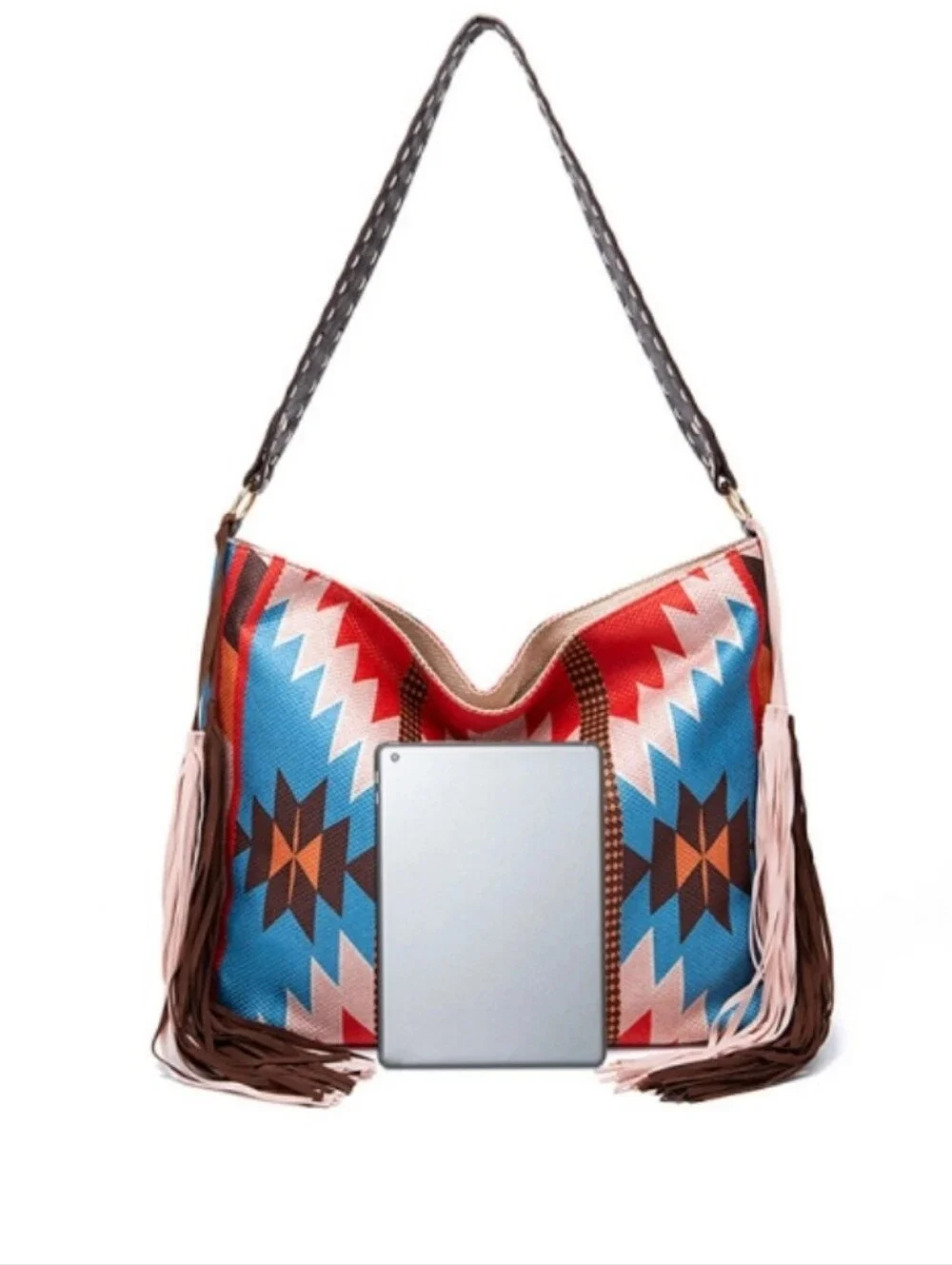 NWT Boho Western Aztec Print Shoulder Hobo Bag with fringe Tassels